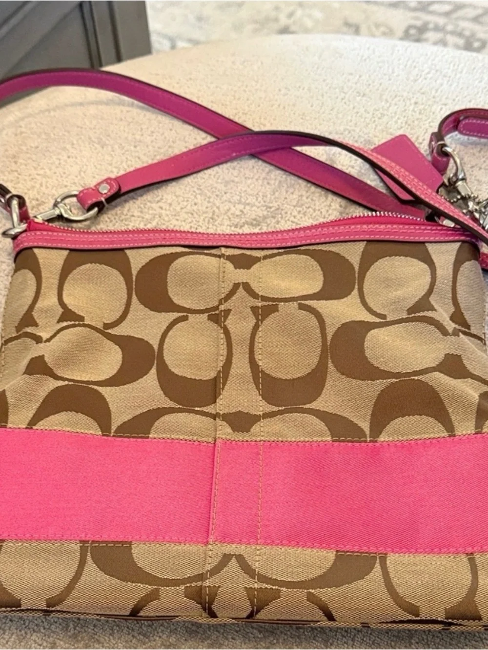 Coach F13674 Signature Khaki Pink Stripe Convertible Crossbody Shoulder Bag